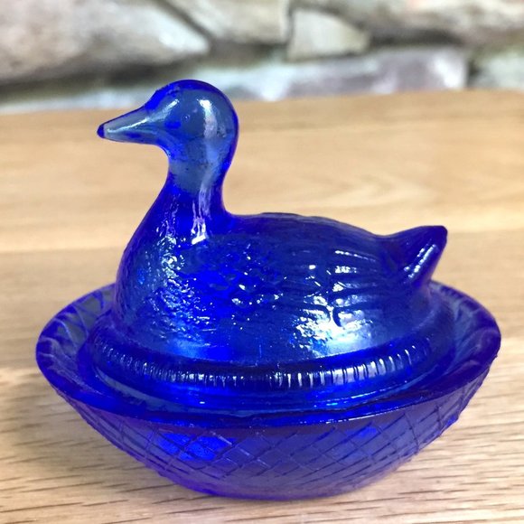 VTG Mini Duck on Nest Covered Salt Cellar Dish Cottagecore Cobalt